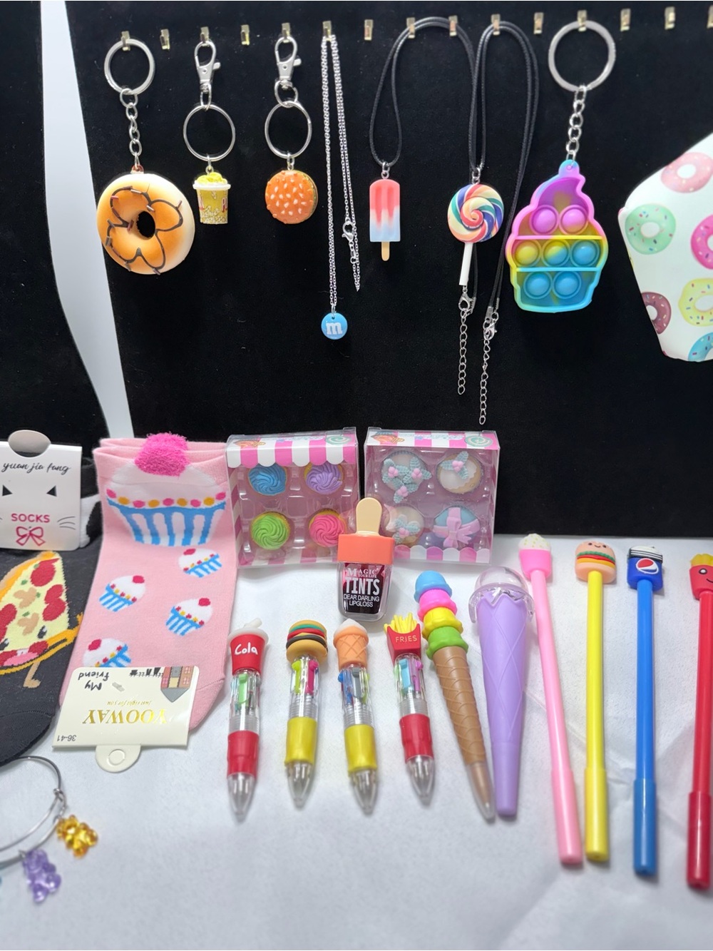 25-Piece Junk Food Themed Mixed Lot Fun Foodie Bundle Pens Erasers Socks Jewelry - Picture 4 of 12